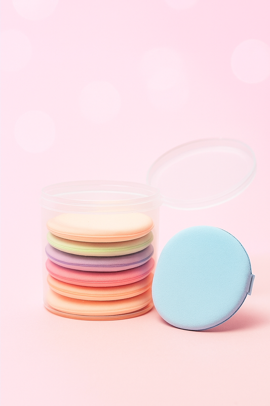 Stack of colorful powder puff blenders.