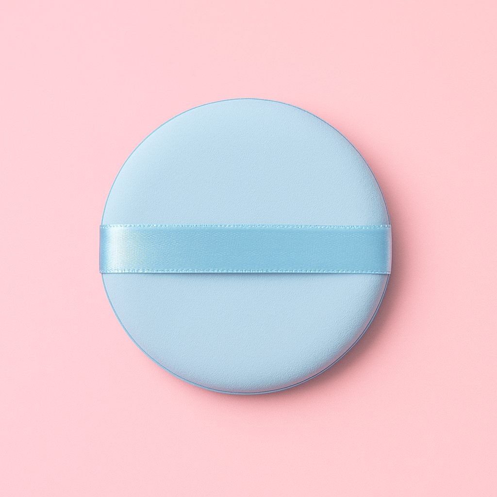 Round light blue puff makeup blender on a pink background